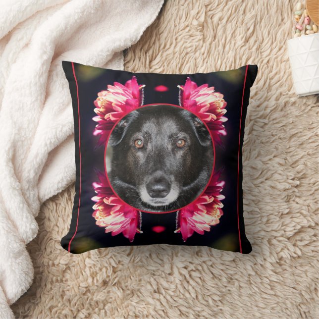 Red Flowers Frame Create Your Own Pet Photo Throw Pillow (Blanket)