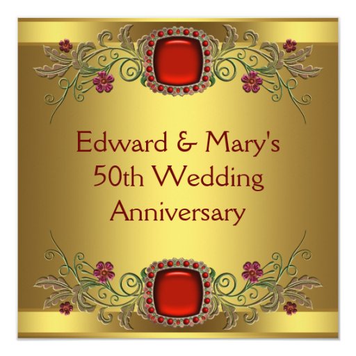 Red Flowers Gold 50th Wedding Anniversary Party Invitation | Zazzle