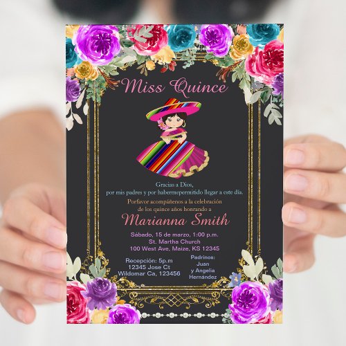 Red Flowers Gold Charro Quinceaera Invitation