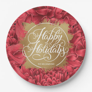 Red Flowers Gold Faux Foil Happy Holidays Paper Plates