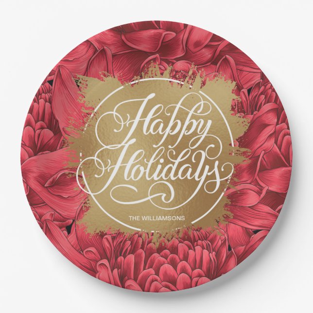 Red Flowers Gold Faux Foil Happy Holidays Paper Plates (Front)