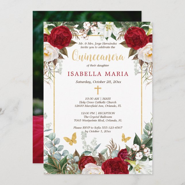 Red Flowers Gold Foil Butterflies Quinceanera Invitation (Front/Back)