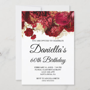Red Flowers Gold Foil Glam 60th Birthday Invitation
