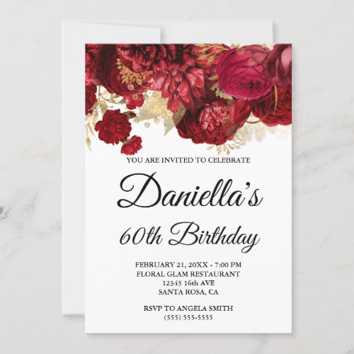 Red Flowers Gold Foil Glam 60th Birthday Invitation