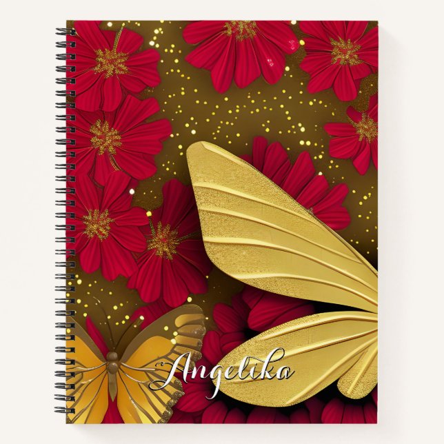 Red Flowers Gold Glitters Personalized Name Notebook (Front)