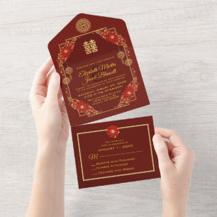 Red Flowers Gold Trim Chinese Wedding All In One Invitation