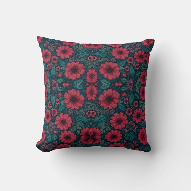 Red flowers graphic design throw pillow (Front)