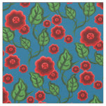 Red flowers/green leaves/Folk art floral/blue Fabric