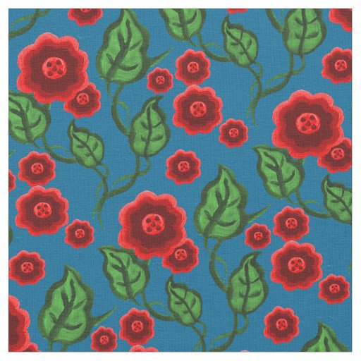 Red flowers/green leaves/Folk art floral/blue Fabric