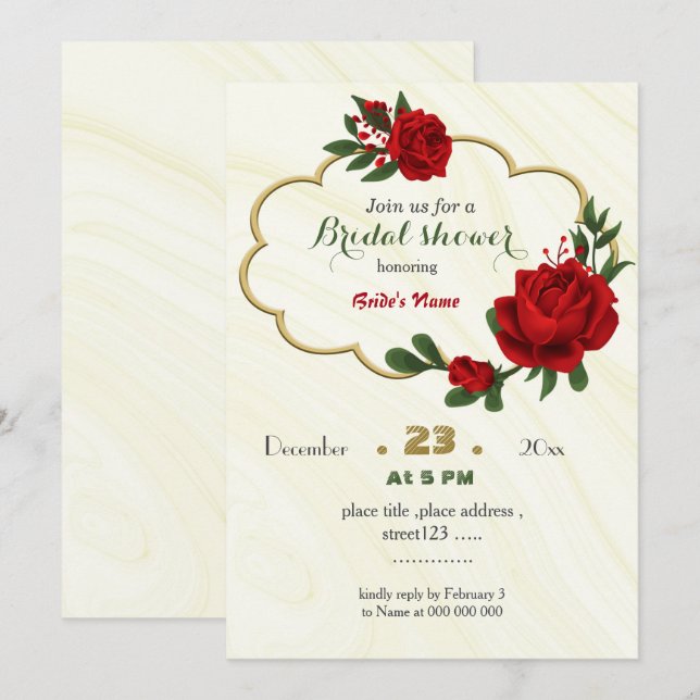 red flowers green leaves gold frame bridal shower invitation (Front/Back)