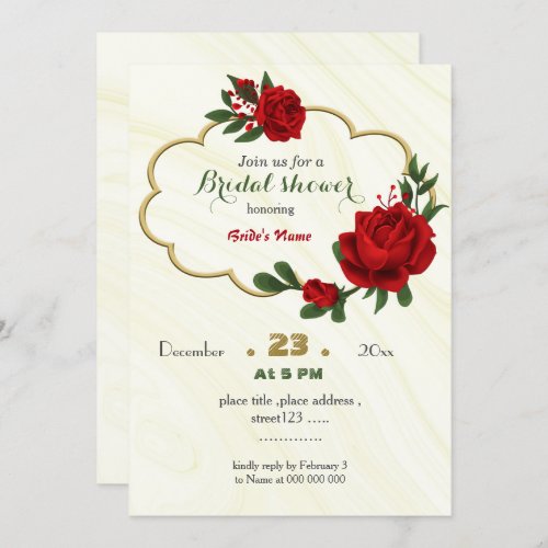 red flowers green leaves gold frame bridal shower invitation