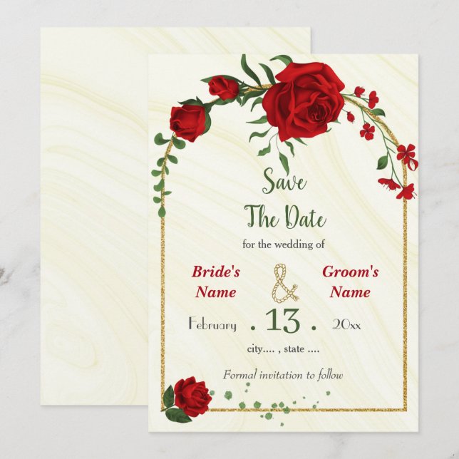 red flowers green leaves gold frame save the date (Front/Back)
