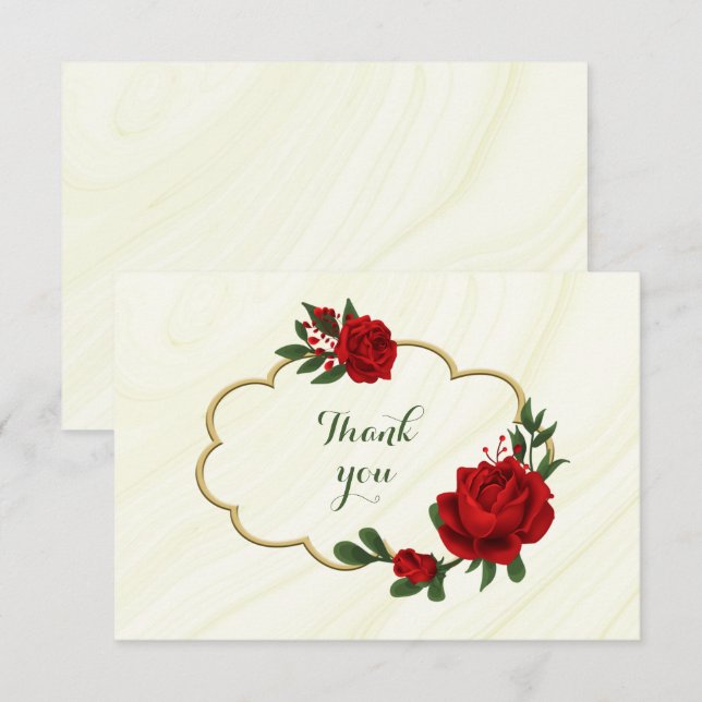 red flowers green leaves on gold frame thank you card (Front/Back)