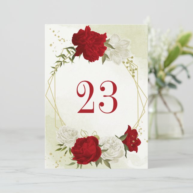 red flowers green leaves table number card (Standing Front)