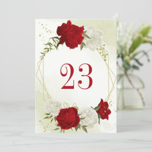 red flowers green leaves table number card