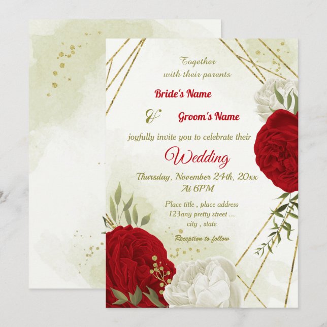 red flowers green leaves wedding invitation (Front/Back)