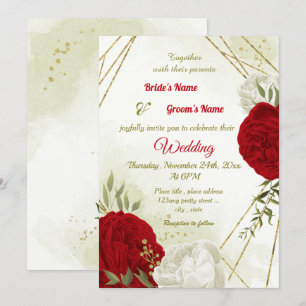red flowers green leaves wedding invitation