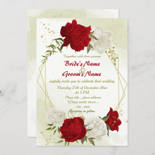 red flowers green leaves wedding invitation