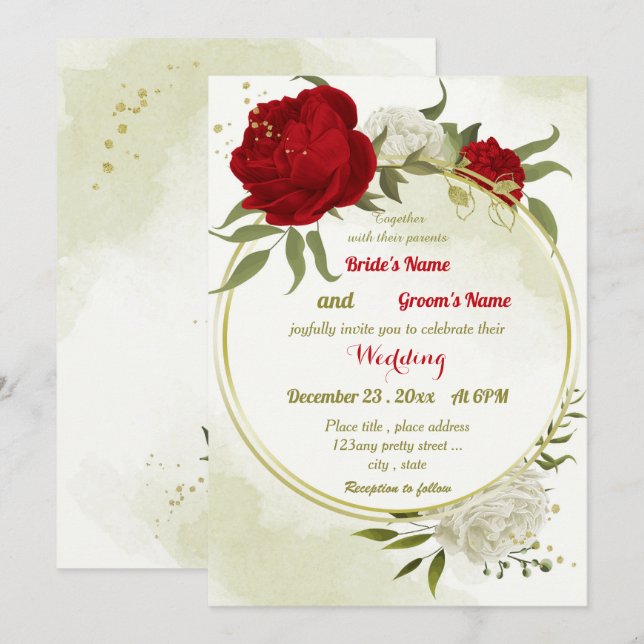 red flowers green leaves wedding invitation (Front/Back)