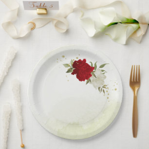 red flowers green leaves wedding paper plates