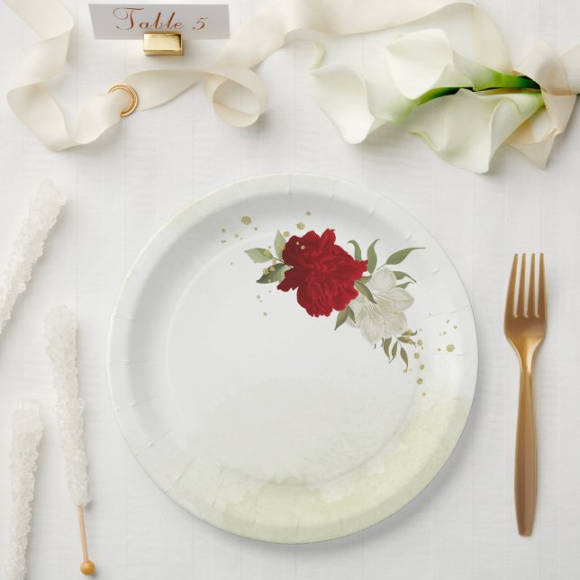 red flowers green leaves wedding paper plates (Wedding)
