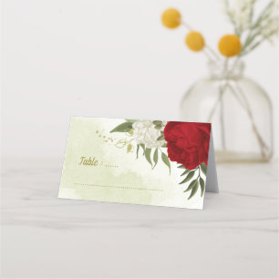 red flowers green leaves wedding place card