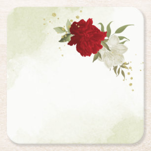 red flowers green leaves wedding square paper coaster