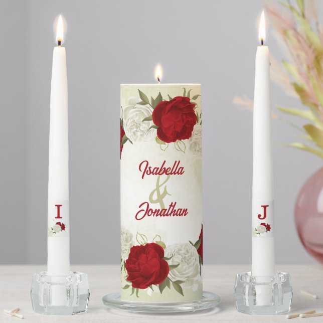 red flowers green leaves wedding unity candle set (In Situ)