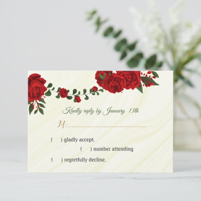 red flowers greenery RSVP card (Standing Front)