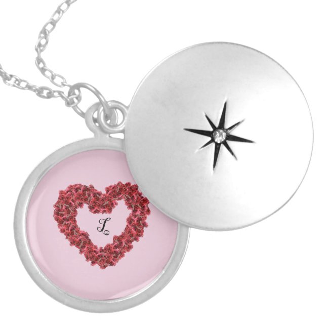 Red Flowers Heart with Monogram Floral    Locket Necklace (Front)