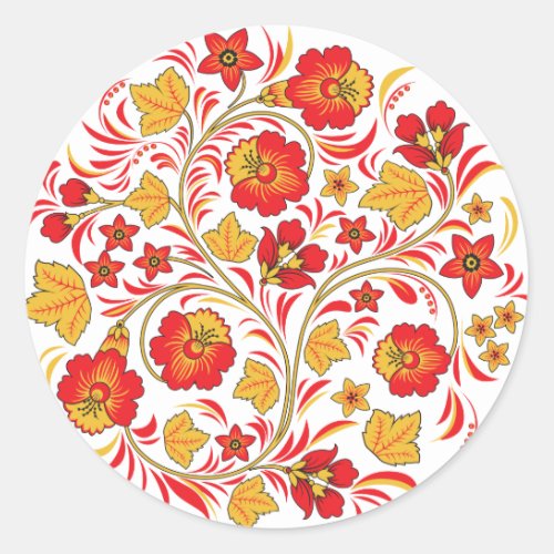 Red Flowers Hohloma Classic Round Sticker