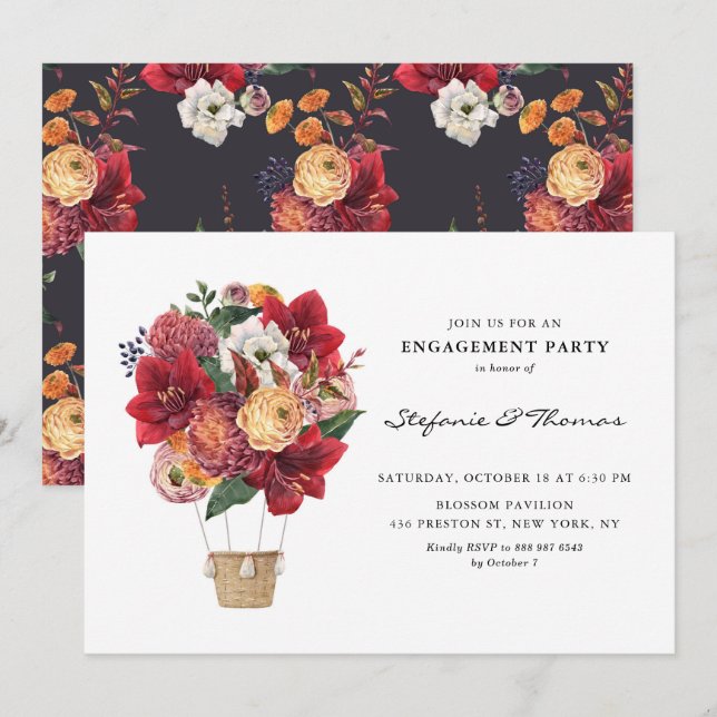 Red Flowers Hot Air Balloon Engagement Party Invitation (Front/Back)