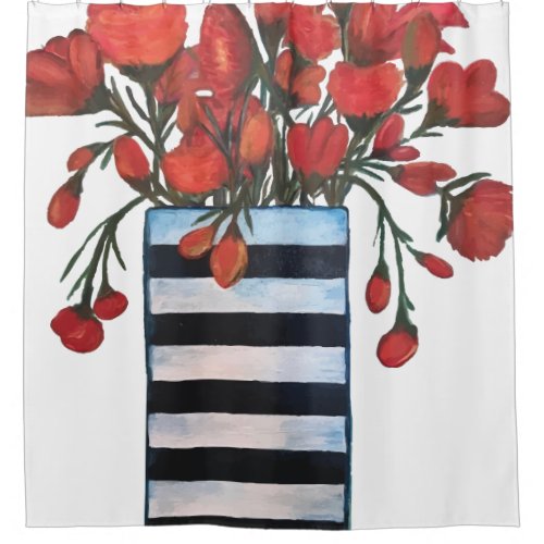 Red Flowers in Black and White Striped Vase Shower Curtain