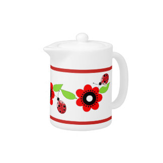 Red Flowers & Ladybugs Ceramic Tea Pot