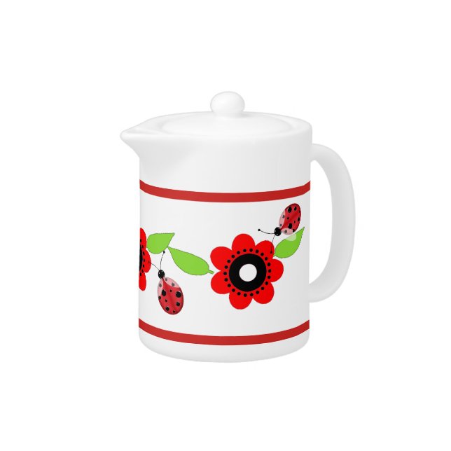 Red Flowers & Ladybugs Ceramic Tea Pot (Right)
