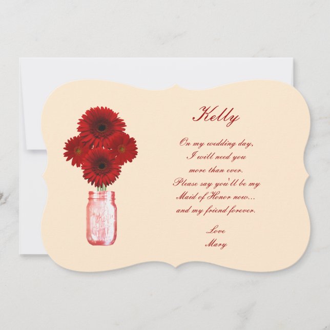 Red Flowers Mason Jar Maid Of Honor Card (Front)