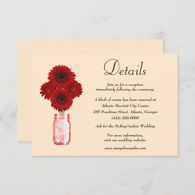 Red Flowers Mason Jar Wedding Details Enclosure Card (Front/Back)