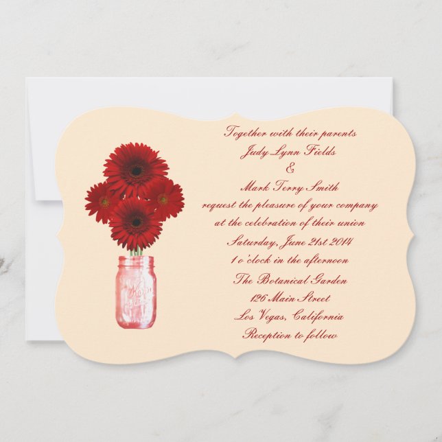 Red Flowers Mason Jar Wedding Invitation (Front)