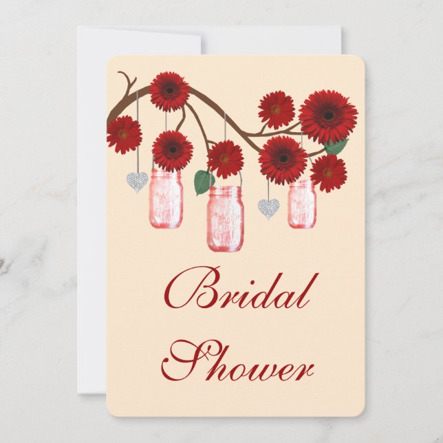 Red Flowers Mason Jars Bridal Shower Invitation (Front)