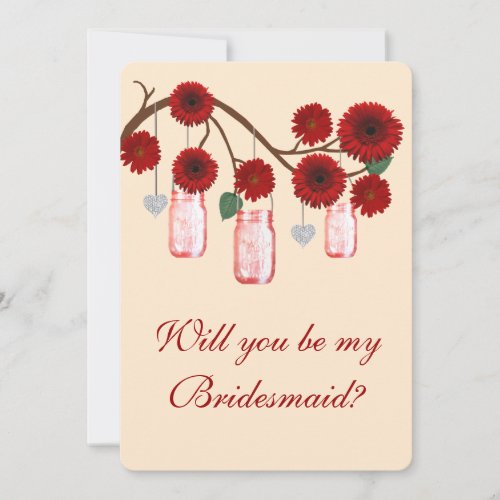 Red Flowers Mason Jars Bridesmaid Card