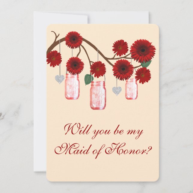 Red Flowers Mason Jars Maid Of Honor Card (Front)