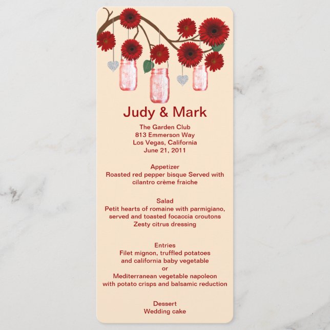 Red Flowers Mason Jars Menu Card (Front)