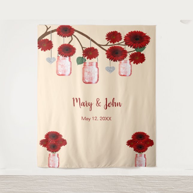 Red Flowers Mason Jars Photo Backdrop (Front)