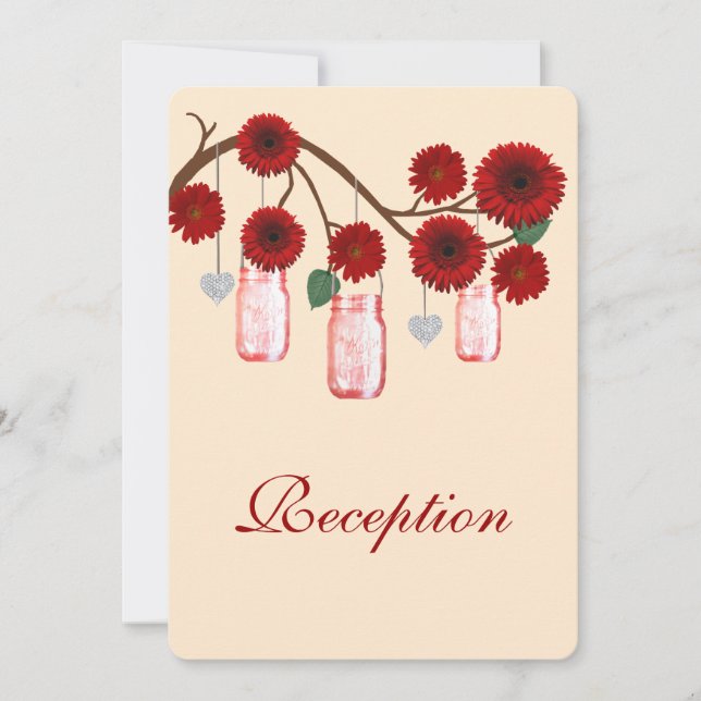 Red Flowers Mason Jars Reception Card (Front)