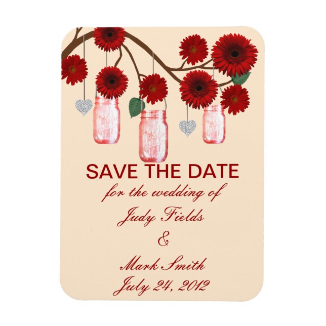 Red Flowers Mason Jars Save The Date Magnet (Vertical)