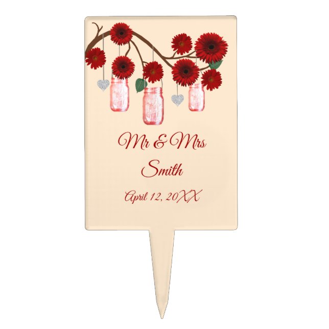 Red Flowers Mason Jars Wedding Cake Topper (Front)