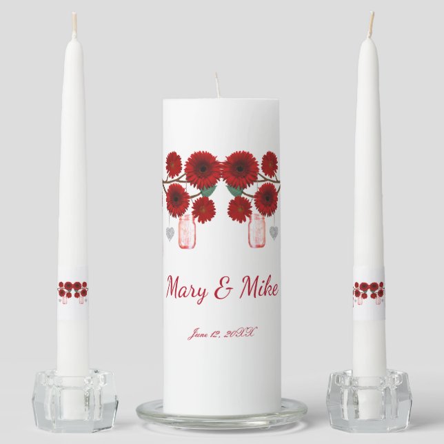 Red Flowers Mason Jars Wedding Unity Candle Set (Front)
