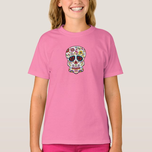 Red Flowers Mexican Tattoo Sugar Skull T-Shirt (Front)