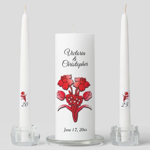 Red Flowers Names and Date Unity Candle Set