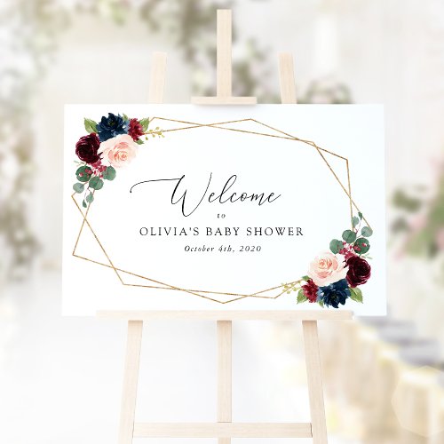 Red Flowers Navy Flowers Baby Shower Welcome Poster